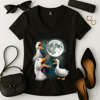 3 Ducks Howl At Moon Funny Weird Cursed Pekin Duck Lover Women's V-Neck T-Shirt