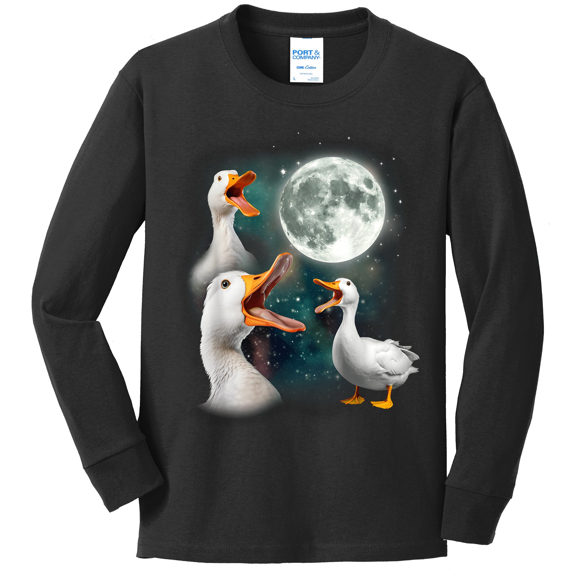 3 Ducks Howl At Moon Funny Weird Cursed Pekin Duck Lover Kids Long Sleeve Shirt