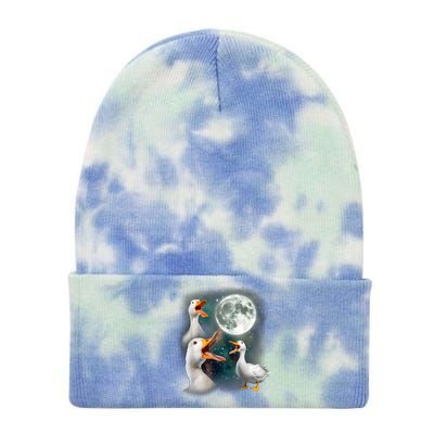 3 Ducks Howl At Moon Funny Weird Cursed Pekin Duck Lover Tie Dye 12in Knit Beanie