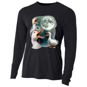 3 Ducks Howl At Moon Funny Weird Cursed Pekin Duck Lover Cooling Performance Long Sleeve Crew