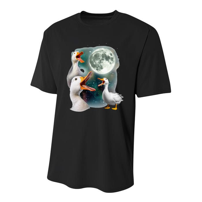 3 Ducks Howl At Moon Funny Weird Cursed Pekin Duck Lover Youth Performance Sprint T-Shirt