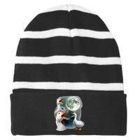 3 Ducks Howl At Moon Funny Weird Cursed Pekin Duck Lover Striped Beanie with Solid Band