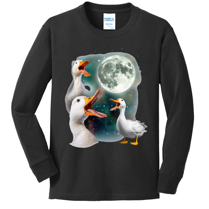 3 Ducks Howl At Moon Funny Weird Cursed Pekin Duck Lover Kids Long Sleeve Shirt