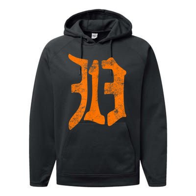 313 Detroit Michigan Vintage Old English D Area Code Performance Fleece Hoodie