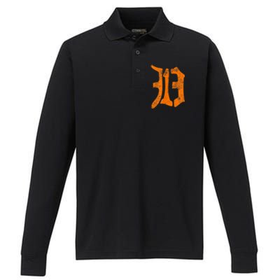 313 Detroit Michigan Vintage Old English D Area Code Performance Long Sleeve Polo