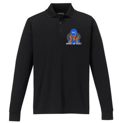 313 Detroit What Up Doe Black Woman Afro Performance Long Sleeve Polo