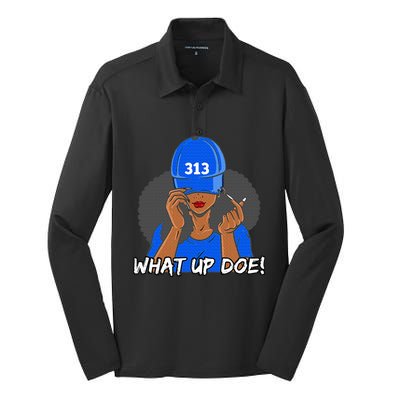 313 Detroit What Up Doe Black Woman Afro Silk Touch Performance Long Sleeve Polo