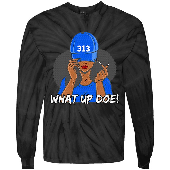 313 Detroit What Up Doe Black Woman Afro Tie-Dye Long Sleeve Shirt