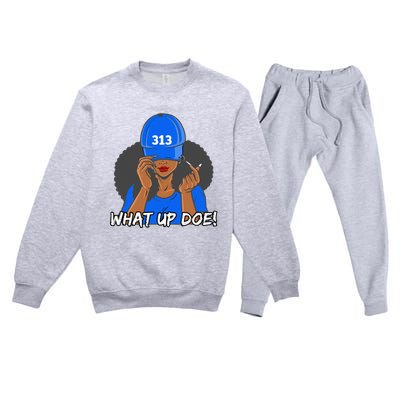 313 Detroit What Up Doe Black Woman Afro Premium Crewneck Sweatsuit Set