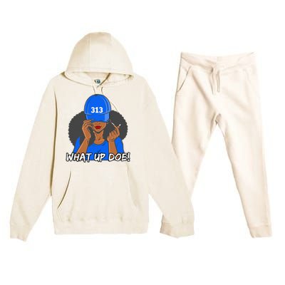 313 Detroit What Up Doe Black Woman Afro Premium Hooded Sweatsuit Set