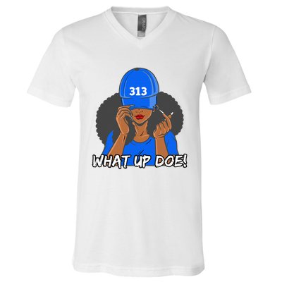 313 Detroit What Up Doe Black Woman Afro V-Neck T-Shirt