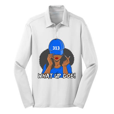 313 Detroit What Up Doe Black Woman Afro Silk Touch Performance Long Sleeve Polo