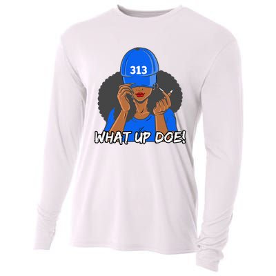 313 Detroit What Up Doe Black Woman Afro Cooling Performance Long Sleeve Crew