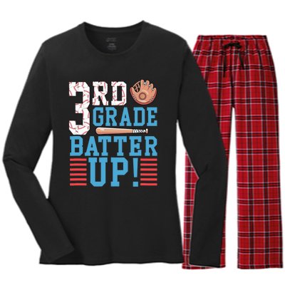 3rd Grade Back To School 3rd Grade Batter Up Baseball Women's Long Sleeve Flannel Pajama Set 