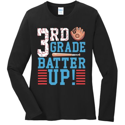 3rd Grade Back To School 3rd Grade Batter Up Baseball Ladies Long Sleeve Shirt