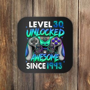 30th Gaming Birthday gift Level 30 Unlocked Awesome Video Game 1993 Birthday Coaster