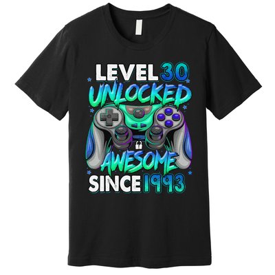 30th Gaming Birthday gift Level 30 Unlocked Awesome Video Game 1993 Birthday Premium T-Shirt