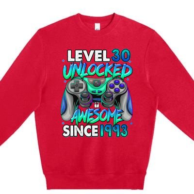 30th Gaming Birthday gift Level 30 Unlocked Awesome Video Game 1993 Birthday Premium Crewneck Sweatshirt