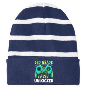 3rd Grade Level Unlocked First Day Back To School Striped Beanie with Solid Band