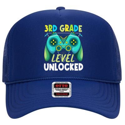 3rd Grade Level Unlocked First Day Back To School High Crown Mesh Back Trucker Hat