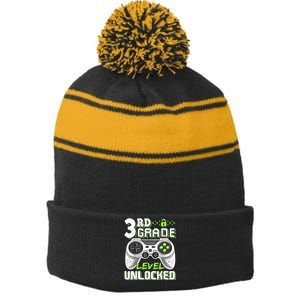 3rd Grade Level Unlocked Video Game Back To School Boy Stripe Pom Pom Beanie