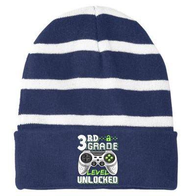 3rd Grade Level Unlocked Video Game Back To School Boy Striped Beanie with Solid Band