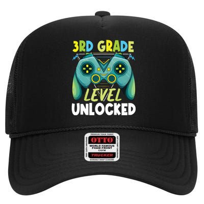 3rd Grade Level Unlocked First Day Back To School Boy High Crown Mesh Back Trucker Hat