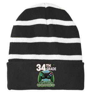 34th Grade Level Unlocked Video Gamer Level Up Birthday Striped Beanie with Solid Band