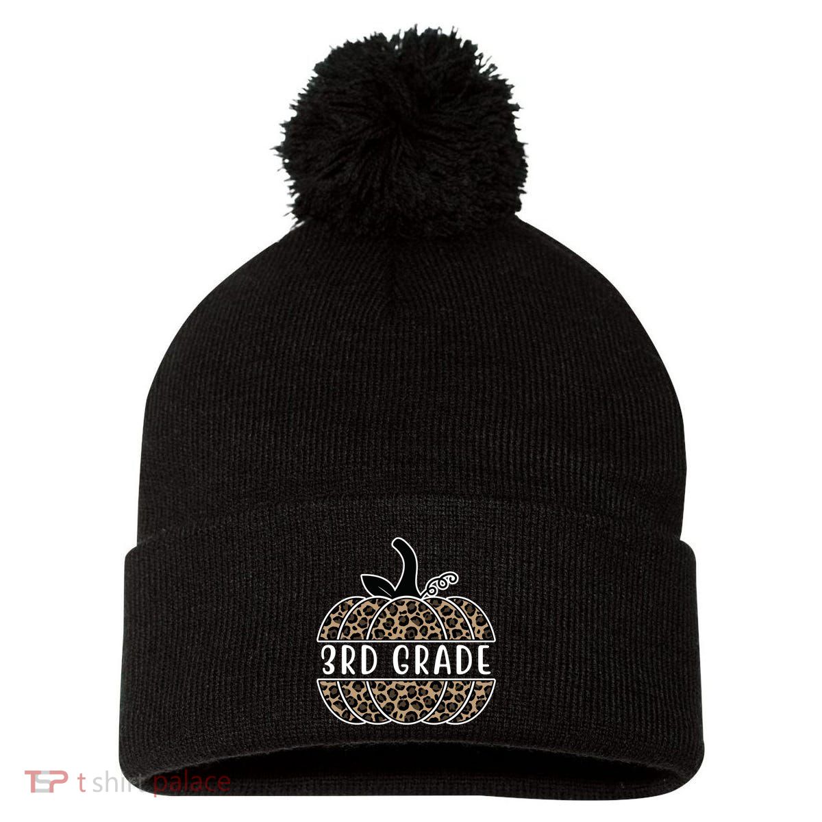 3rd Grade Leopard Pumpkin Pom Pom 12in Knit Beanie