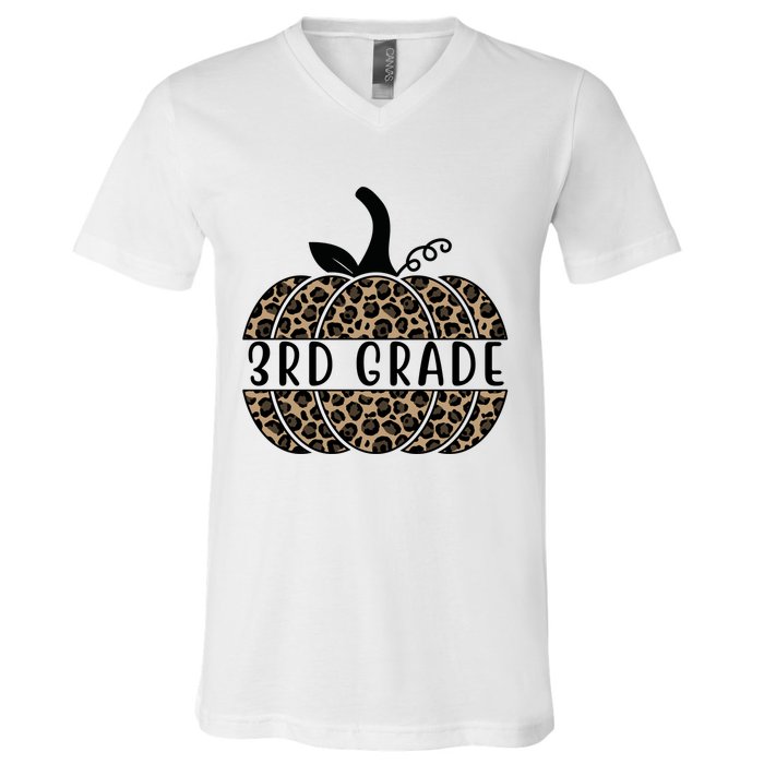 3rd Grade Leopard Pumpkin V-Neck T-Shirt