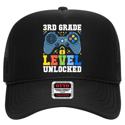 3rd Grade Level Unlocked Gamer First Day Of School Boy High Crown Mesh Back Trucker Hat