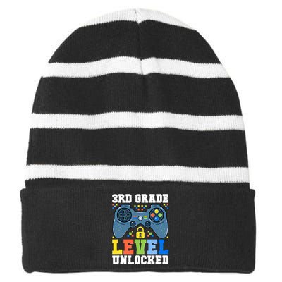 3rd Grade Level Unlocked Gamer First Day Of School Boy Striped Beanie with Solid Band