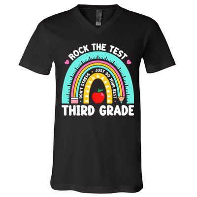 3rd Grade Teacher Rock The Test Day Third Grade Testing Day  V-Neck T-Shirt