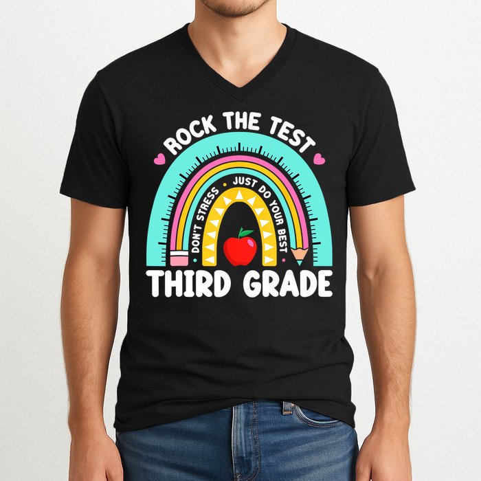 3rd Grade Teacher Rock The Test Day Third Grade Testing Day  V-Neck T-Shirt