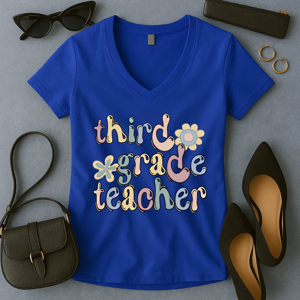 3Rd Grade Teacher Third Grade Teacher Groovy Gift Women's V-Neck T-Shirt