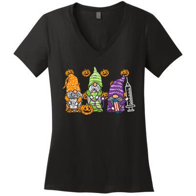 3 Halloween Gnome Nurses Funny Costume Nursing Women's V-Neck T-Shirt