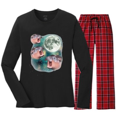 3 Moondeng Baby Hippo Meme Funny Cute Hippopotamus Animal Gift Women's Long Sleeve Flannel Pajama Set 