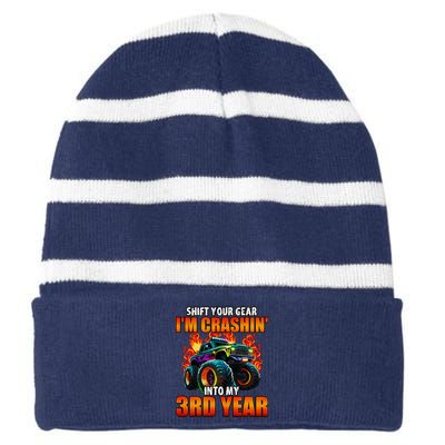 3rd Monster Truck Birthday Party Birthday Striped Beanie with Solid Band