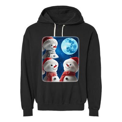 3 Snowman Christmas Moon Weird Cursed Meme Howling Parody Garment-Dyed Fleece Hoodie