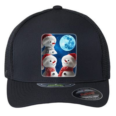3 Snowman Christmas Moon Weird Cursed Meme Howling Parody Flexfit Unipanel Trucker Cap