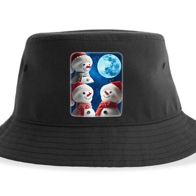 3 Snowman Christmas Moon Weird Cursed Meme Howling Parody Sustainable Bucket Hat