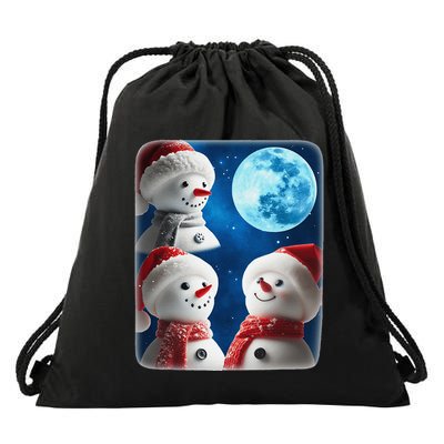 3 Snowman Christmas Moon Weird Cursed Meme Howling Parody Drawstring Bag