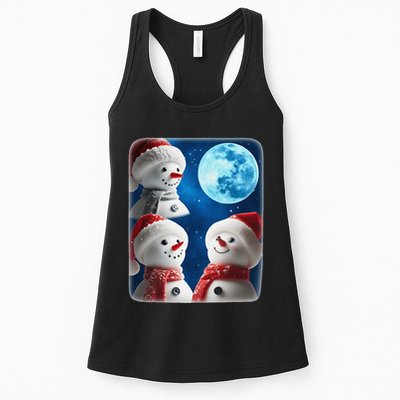 3 Snowman Christmas Moon Weird Cursed Meme Howling Parody Womens Tank Top