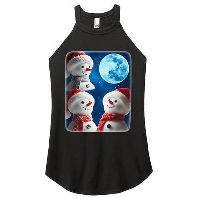 3 Snowman Christmas Moon Weird Cursed Meme Howling Parody Women's Perfect Tri Rocker Tank