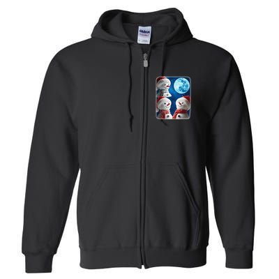 3 Snowman Christmas Moon Weird Cursed Meme Howling Parody Full Zip Hoodie