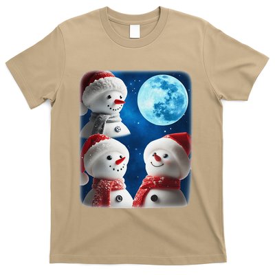 3 Snowman Christmas Moon Weird Cursed Meme Howling Parody T-Shirt