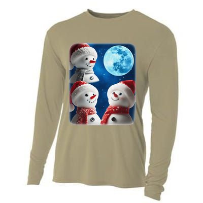 3 Snowman Christmas Moon Weird Cursed Meme Howling Parody Cooling Performance Long Sleeve Crew