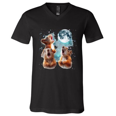 3 Squirrel Moon Howling Squirrel Head Funny V-Neck T-Shirt