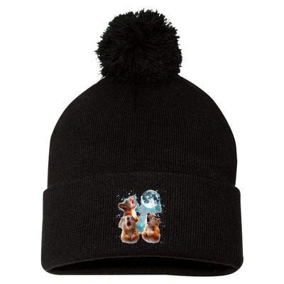 3 Squirrel Moon Howling Squirrel Head Funny Pom Pom 12in Knit Beanie