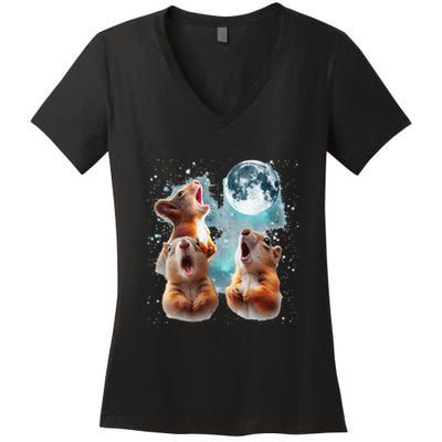 3 Squirrel Moon Howling Squirrel Head Funny Women's V-Neck T-Shirt